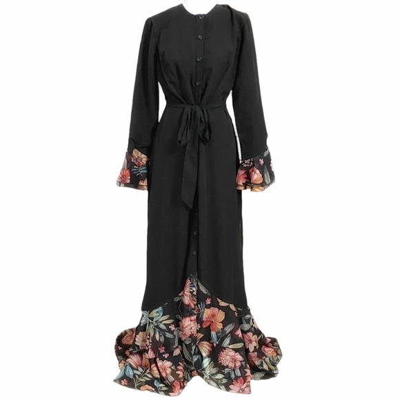 ANNAH HARIRI Dresses & Skirts - NWT ANNAH HARIRI BLACK GYPSY MODEST FLORAL BELTED BUTTON FRONT MAXI DRESS - 8